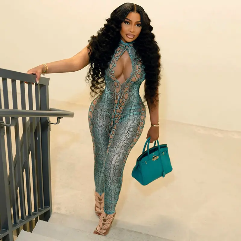 New Arrival Women Fashion Snake Print Mock Neck Sleeveless Hollow Out Jumpsuit Long Pants Slim Bodycon Y2K Curvy Ladies Summer Trendy Nightclub Party Streetwear Figure Hugging Cutout Snake Pattern One Piece Outfit