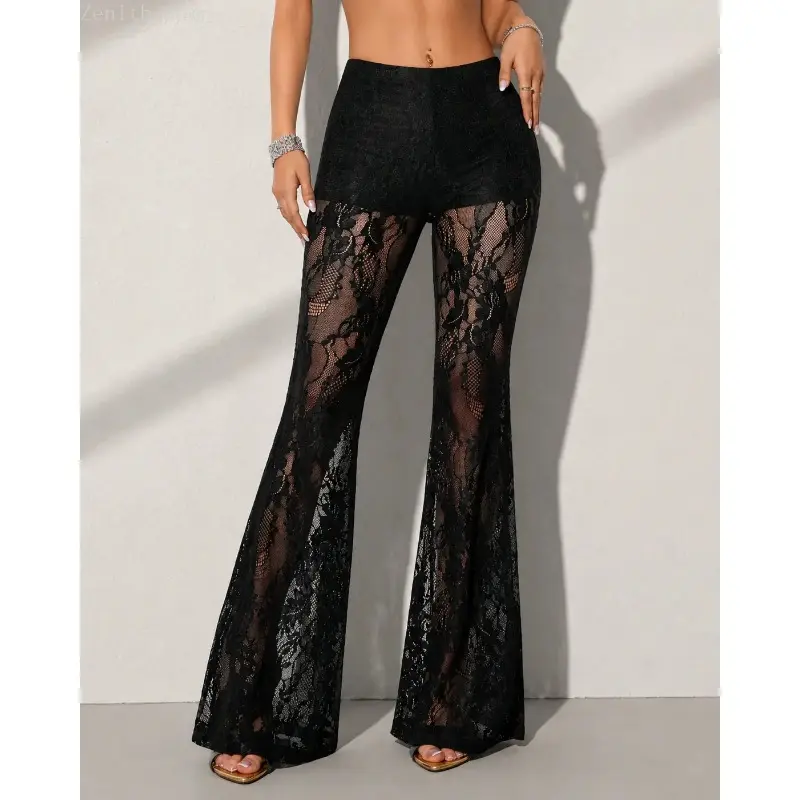 Women High Waist Floral Lace Flare Pants Elastic Lightweight Breathable Long Trousers Streetwear Stretch Outfit for Party Casual All Season Bottoms