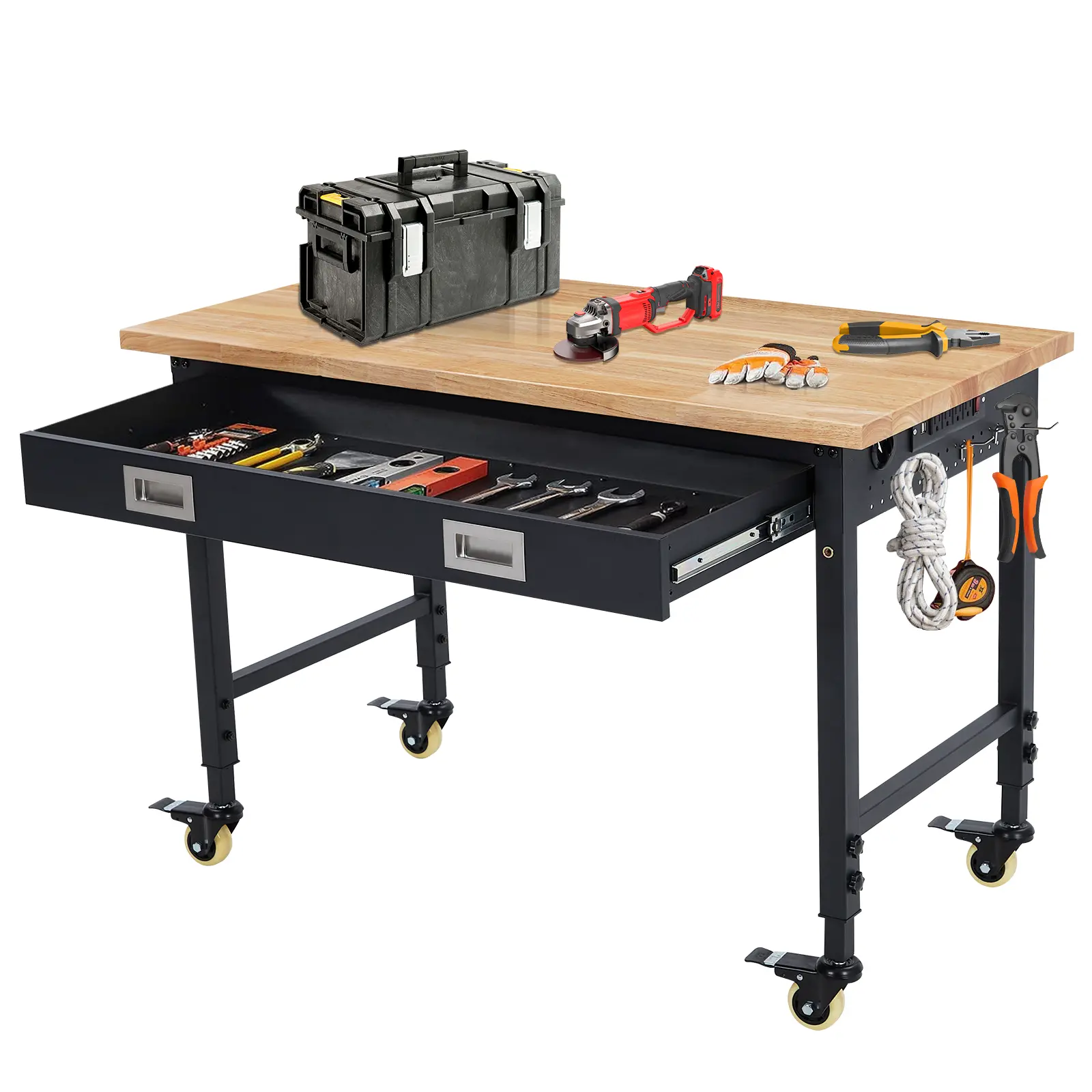 60"x22" Rolling Adjustable Workbench, Heavy Duty 2000lb Rubberwood Top Work Table with Power Outlets & Lockable Wheels for Home Garage Workshop