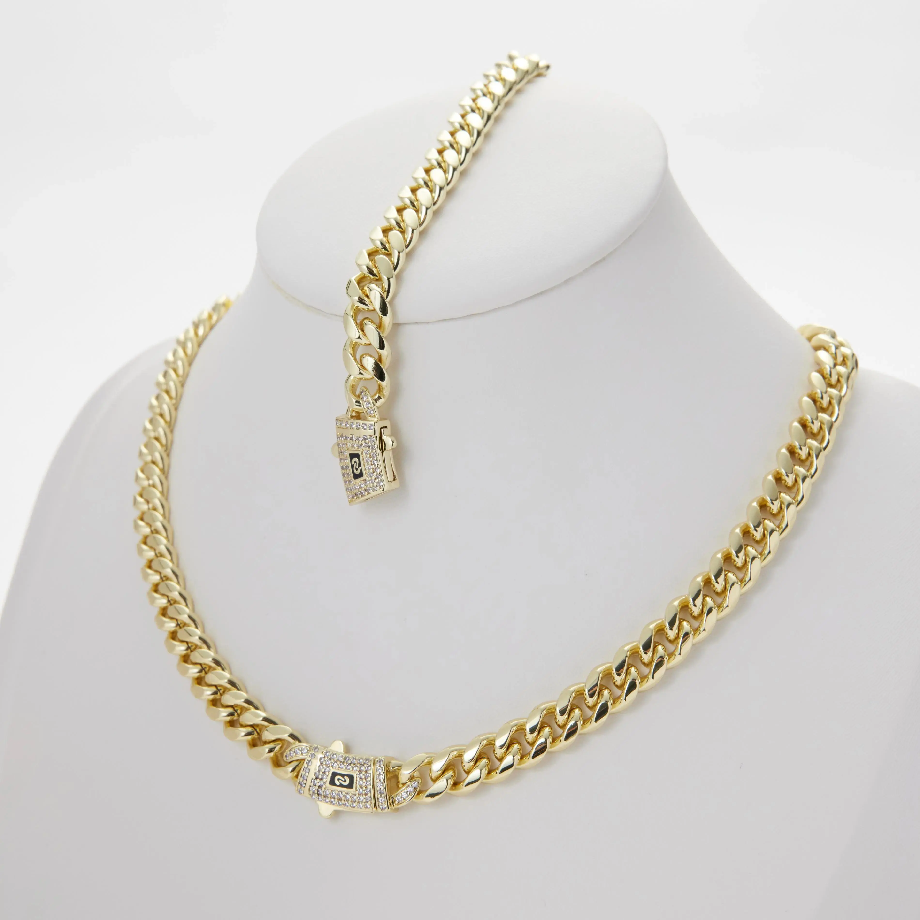 2Set 14K/18K Gold Vacuum Plated with 5A+ Sri Lanka Zircon Stainless Steel Chain & Copper Coffee bean bag Clasp Miami Cuban Link Chain Italy Mexico & Micro Inspired Unisex Hip Hop 6mm Necklace&Bracelet for Men & Women Jewelry,Daily,Fashion,Gift,Chicano