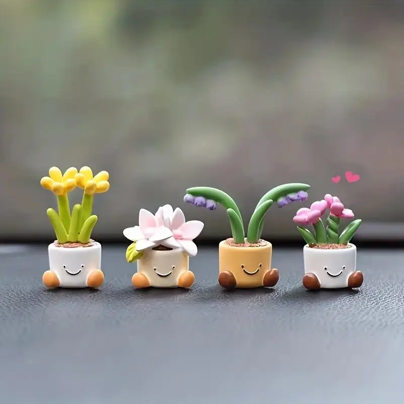 4 Pcs Mini Potted Plant Car Decor, Light Luxury Style Dashboard Ornaments, Exquisite Interior Accessories, Cute Small Trinkets, Stylish Decorations For Car And Desktop