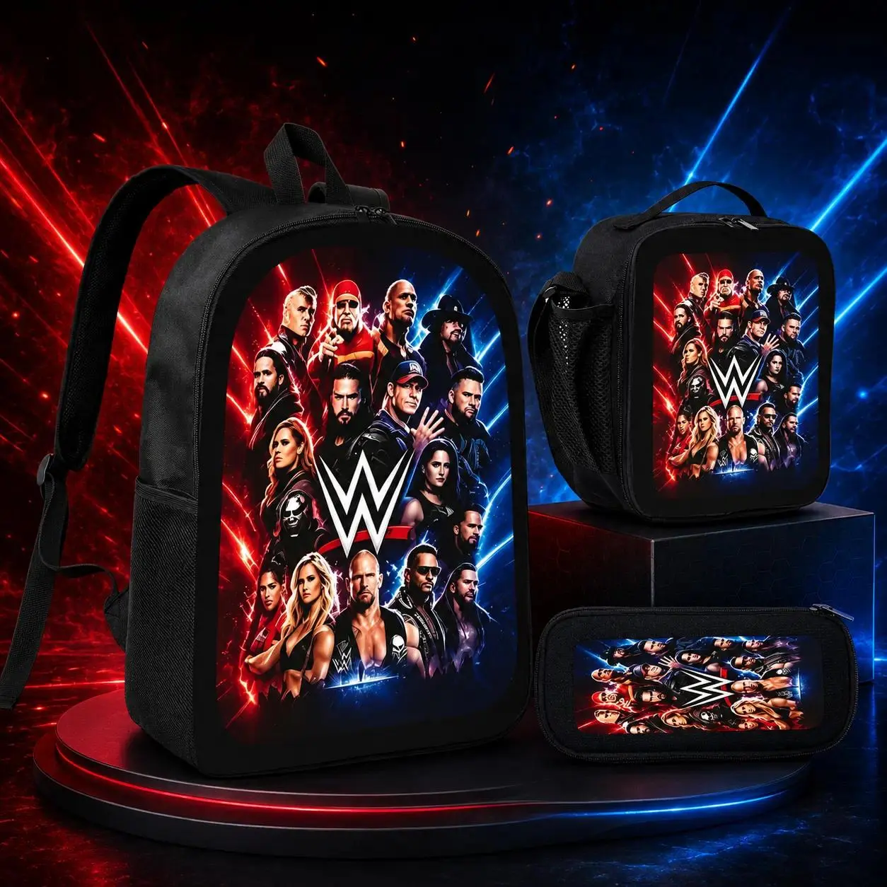 WWE Wrestling Legend 3-Piece Backpack Set, Large Capacity Lightweight Travel Daypack with Lunch Bag, Pencil Case, Breathable Shoulder Straps, Street Style Travel Bag