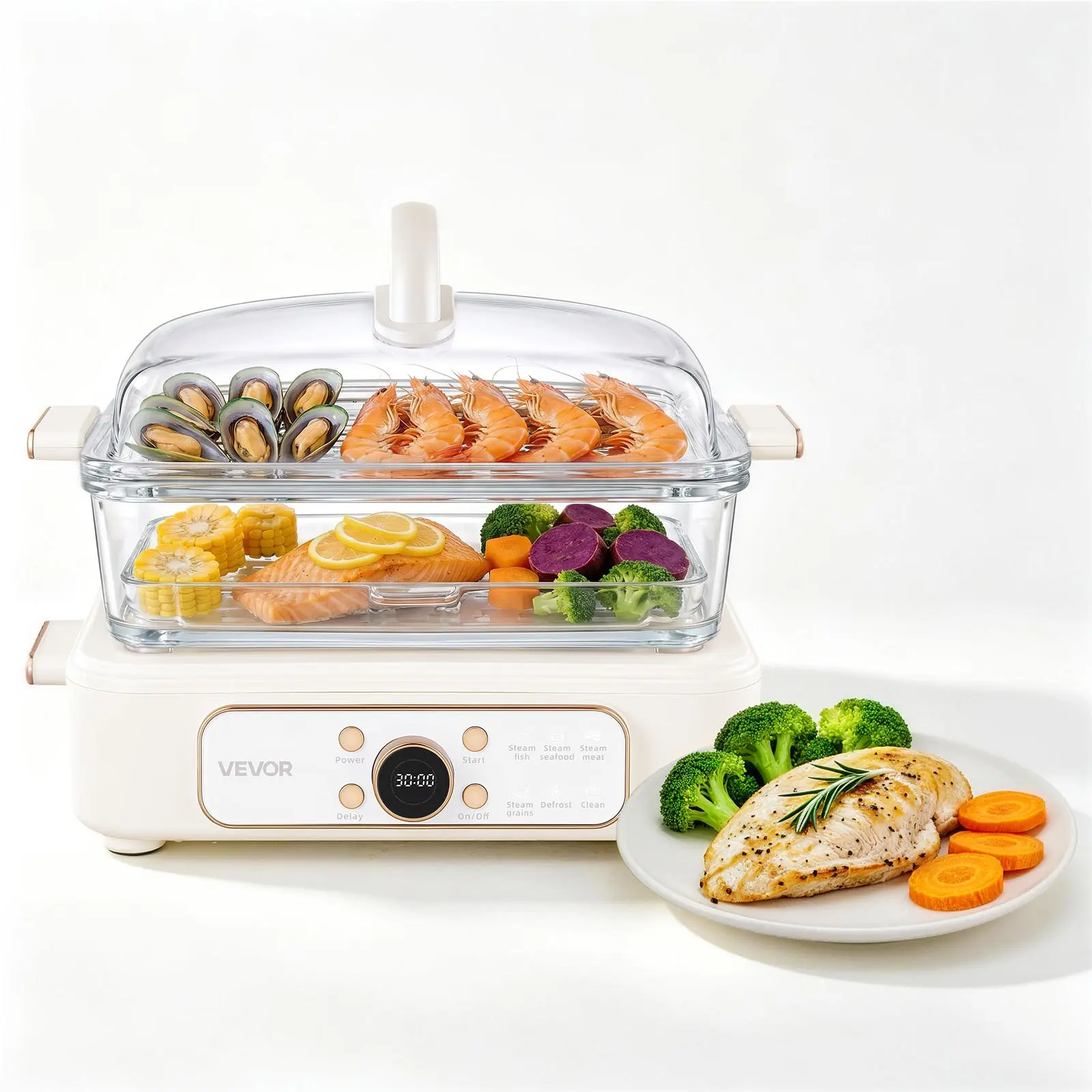 【DealsForYouDays】VEVOR Electric Food Steamer 6.3 QT Glass with 2-Tier Stainless Steel Trays, 1200W Vegetable Steamer for Cooking, 1-3 Servings, Pre-Programmed Settings, Delay Start, for Veggies, Seafood & Rice, White