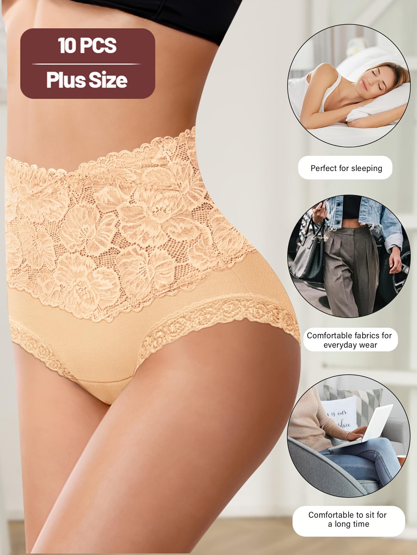 10 pieces of women's plus-size high-waisted seamless tummy control panties - lace-trimmed, medium stretch, comfortable for daily wear, elegant solid color, exquisite design, moderate elasticity, stylish and durable, exclusive for slim curves