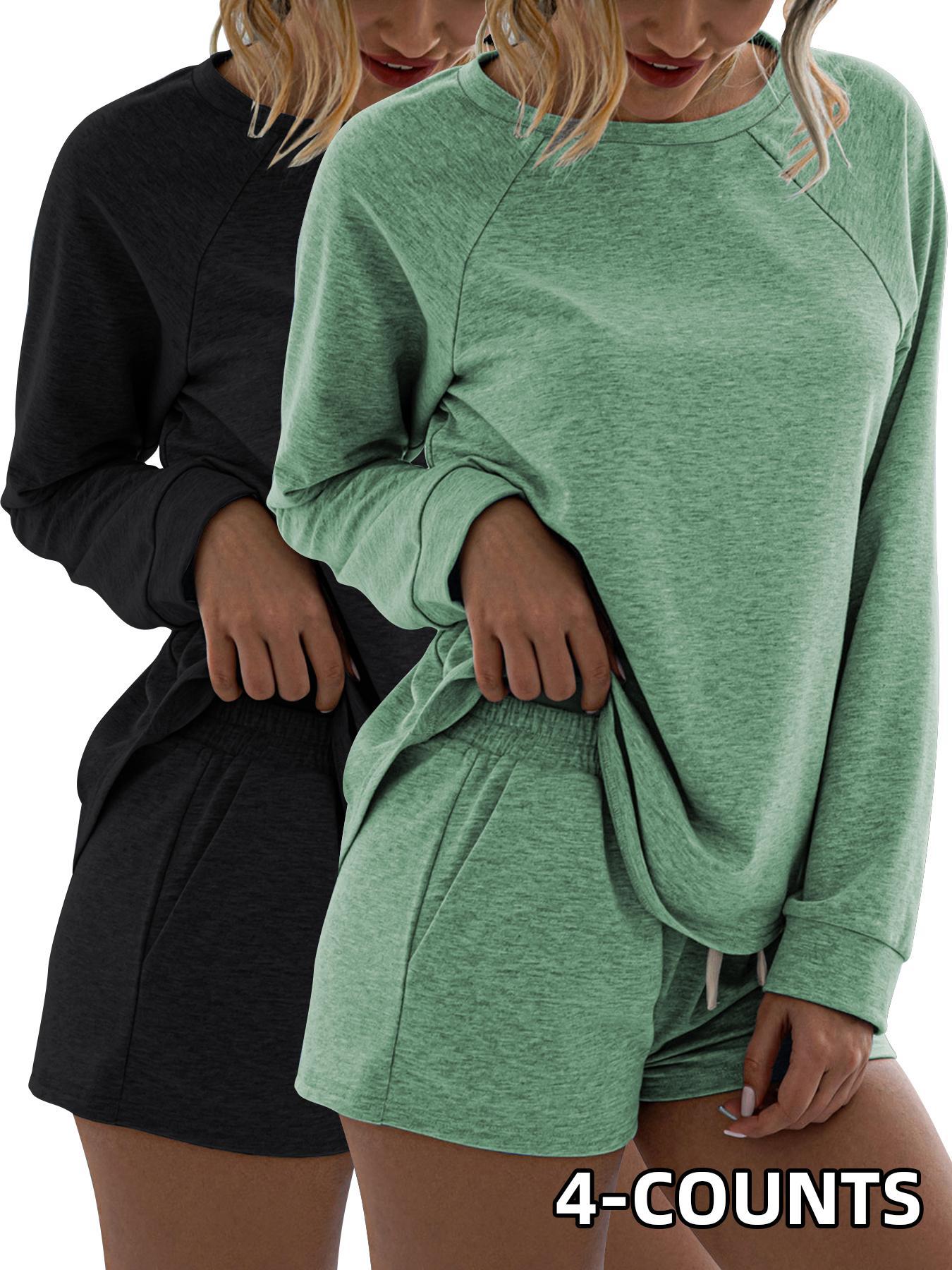 Women's Solid Tee & Drawstring Waist Shorts Set, Casual Sporty Round Neck Long Sleeve Top & Pocket Design Shorts, Ladies Sportswear for Indoor Outdoor Wear