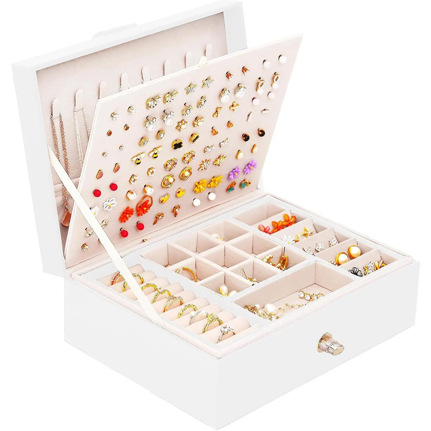 Box for Women Girls, 105 Holes Stud Earring Organizer Storage Case with Removable Dividers, 3-Layer White Leather  Organizer for Earrings Rings Necklaces Bracelet,  for Teen