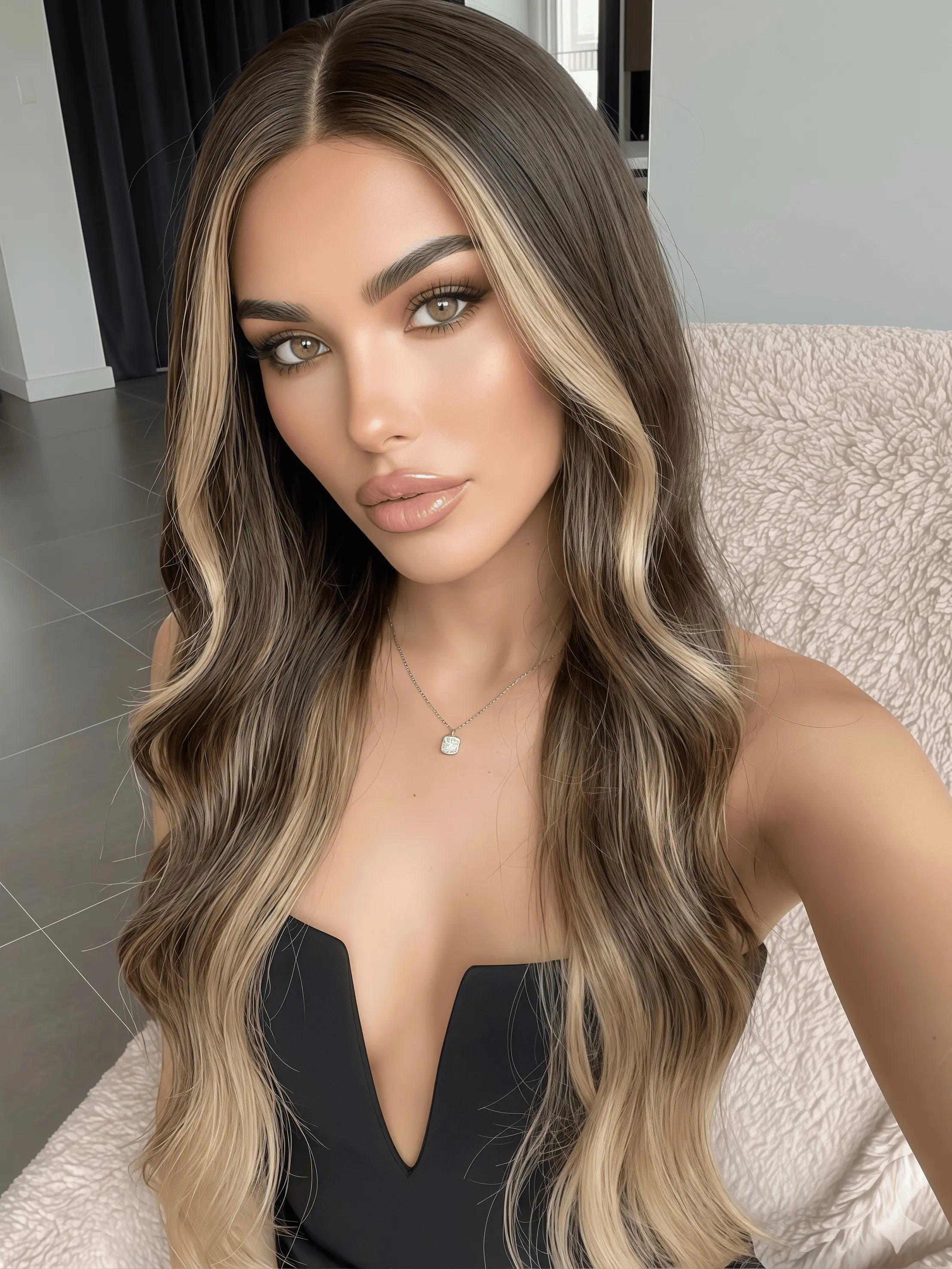 Long Wavy Wigs for Women, Dark Brown Wig with Blonde Face Framing Highlights, 30 Inch Money Piece Body Wave Synthetic Wig, Glueless Natural Looking Heat Resistant Fiber Daily Party Cosplay Wig