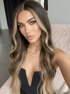 Long Wavy Wigs for Women, Dark Brown Wig with Blonde Face Framing Highlights, 30 Inch Money Piece Body Wave Synthetic Wig, Glueless Natural Looking Heat Resistant Fiber Daily Party Cosplay Wig