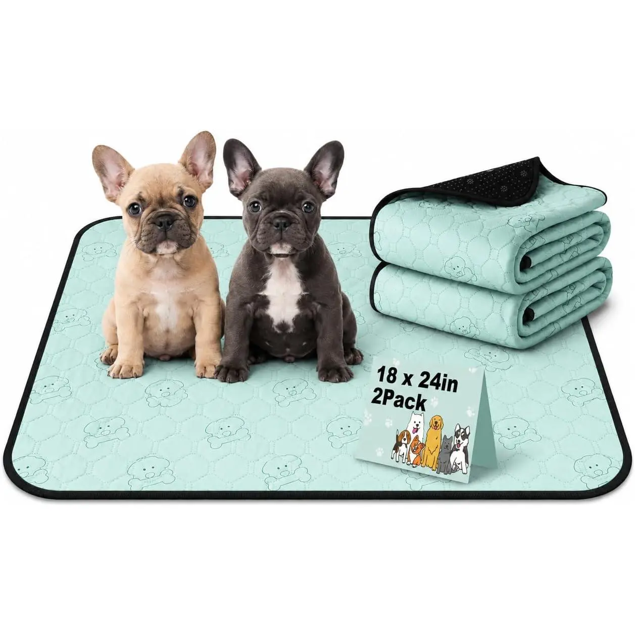 Washable Pee Pads for Dogs 2 Pack,   Leak-Proof Puppy  Pads, Super Absorbent Non-Slip  Whelping Pads for Crate, Playpen, Bed & Floor (18"x24" Green)