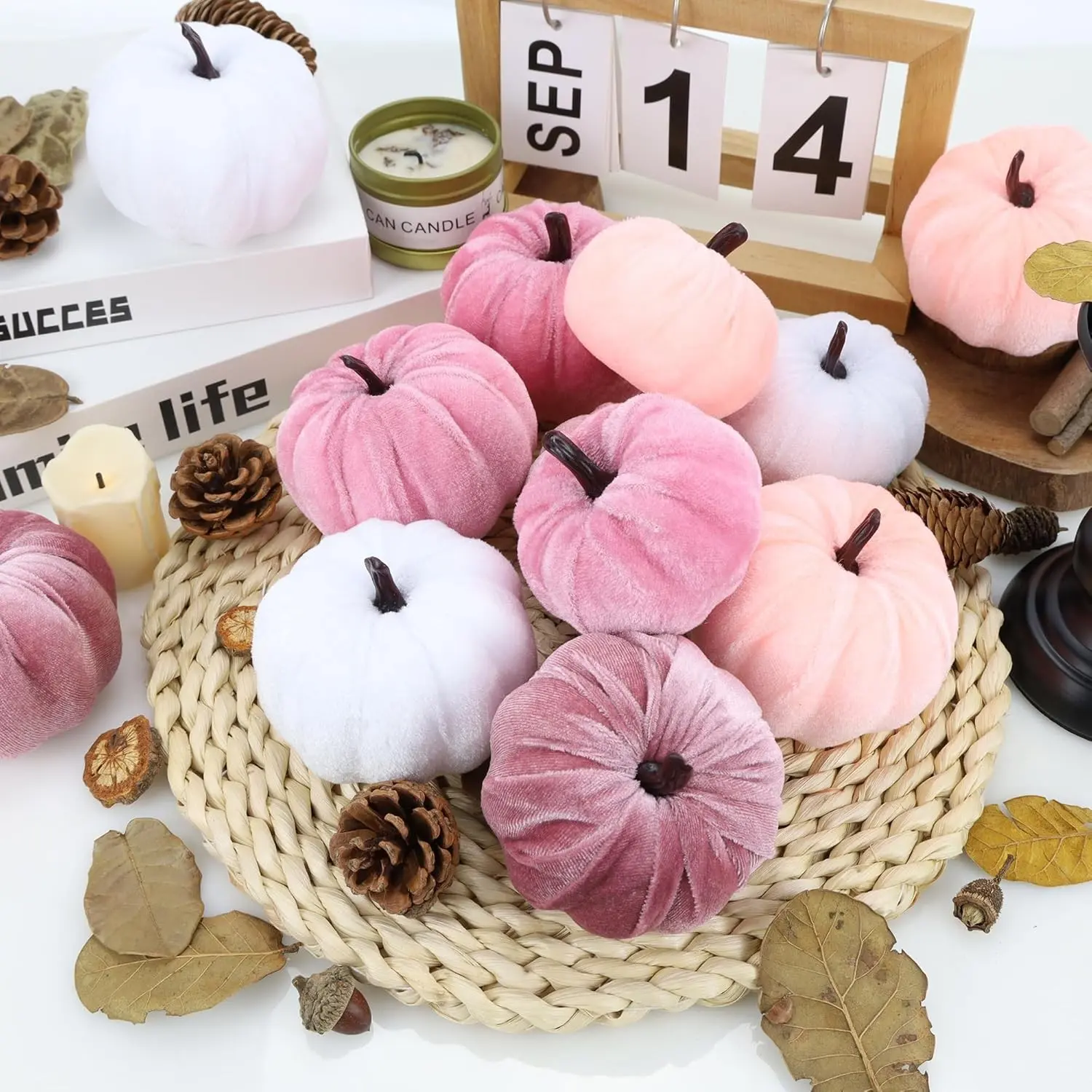 8 Pumpkin Decor Set with Velvet-Like Surface, Small Faux Foam Party Centerpieces for Fall Halloween Thanksgiving Wedding Rustic Home Farmhouse Celebrations