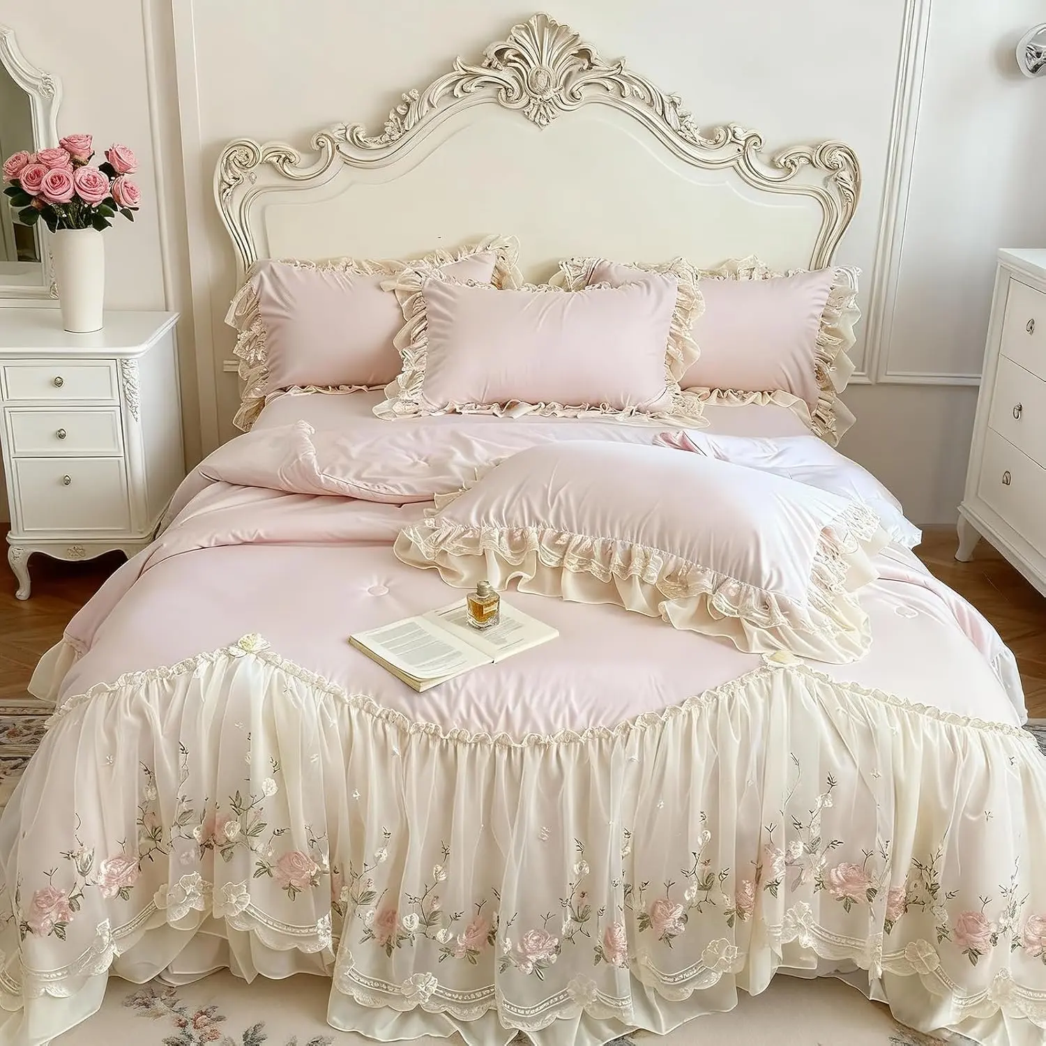 French Chic Bedding Set 4-Piece - Lace Trim Washed Cotton, Duvet Cover with Bed Skirt & Pillowcases for Queen Bed, Style(Comforter Not Included) (Pink,Twin)