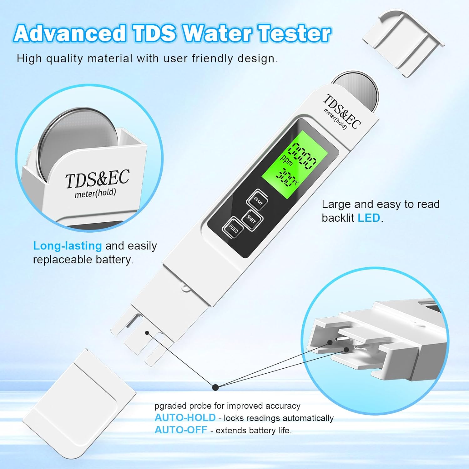 3 in 1 Water Quality Tester, Automatic Closing Digital Water Quality Tester with Water Quality TDS/Conductivity EC/Temperature Value Display