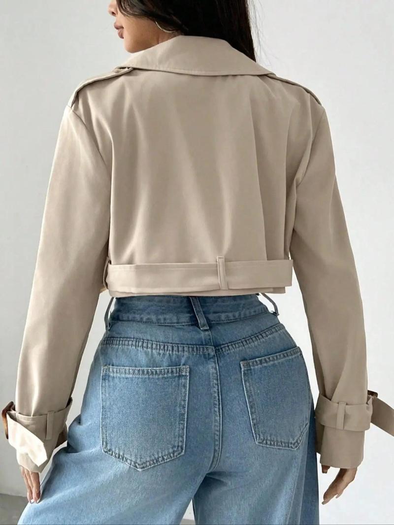 Women's Solid Double Button Belted Lapel Neckline Crop Trench Coat, Casual Long Sleeve Crop Outerwear for Spring & Fall, Women's Clothing for Daily Wear, Lady Jackets
