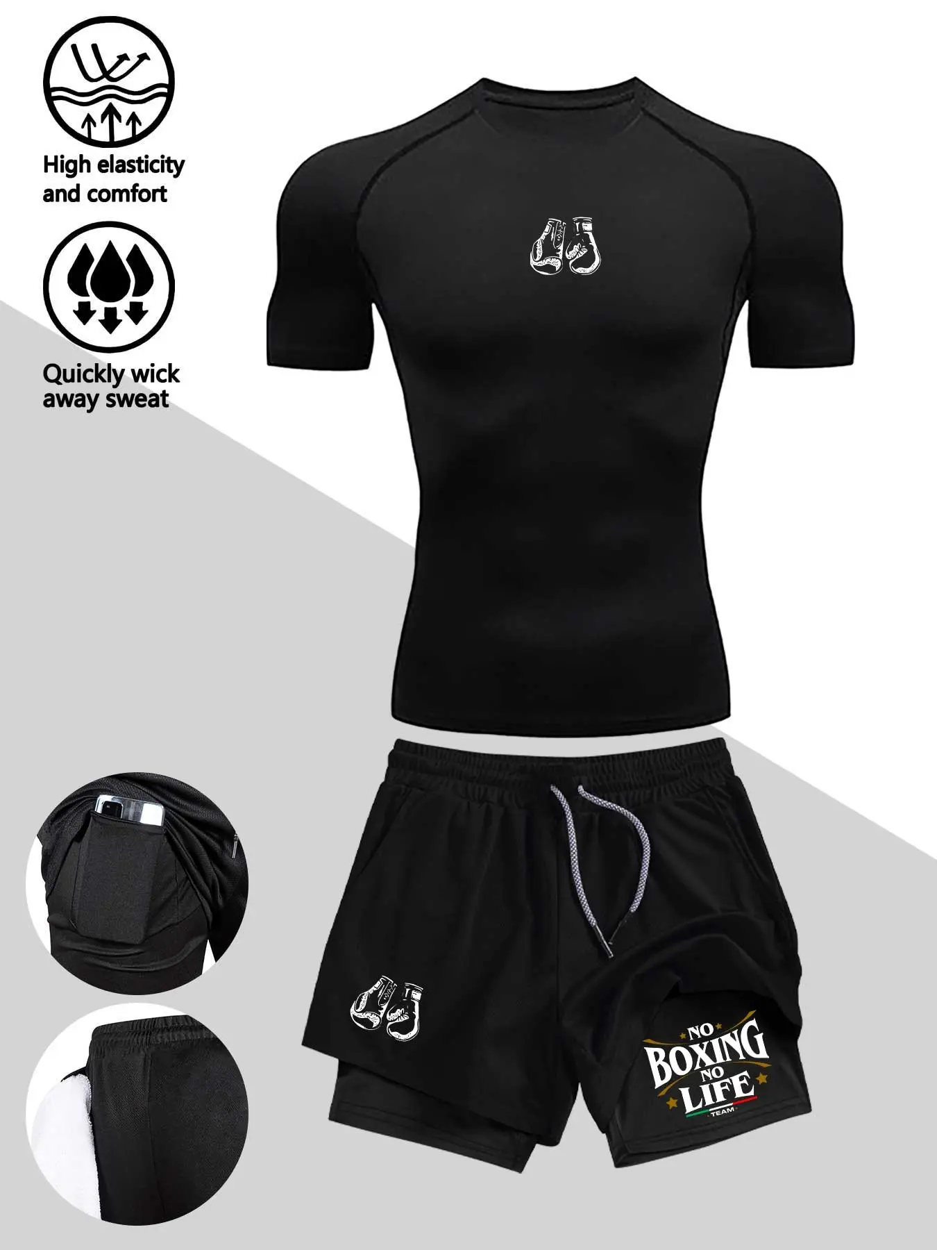 Men's Boxing Sport Compression Set, High Elasticity Fitness Gear, Moisture-Wicking T-Shirt & Shorts, Ideal for Gym, Cycling, Training