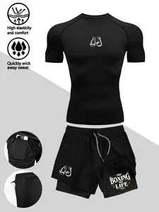 Men's Boxing Sport Compression Set, High Elasticity Fitness Gear, Moisture-Wicking T-Shirt & Shorts, Ideal for Gym, Cycling, Training