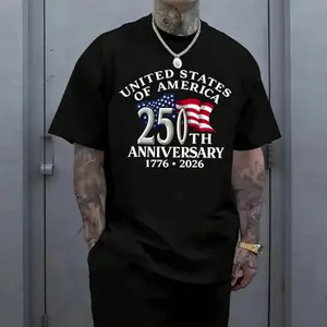 [100% Cotton]United States 250th Anniversary Patriotic T-Shirt, Men’s White Crewneck with American Flag Graphic, Perfect for Independence Day and Street Style Printed Lightweight 180gsm T-shirt