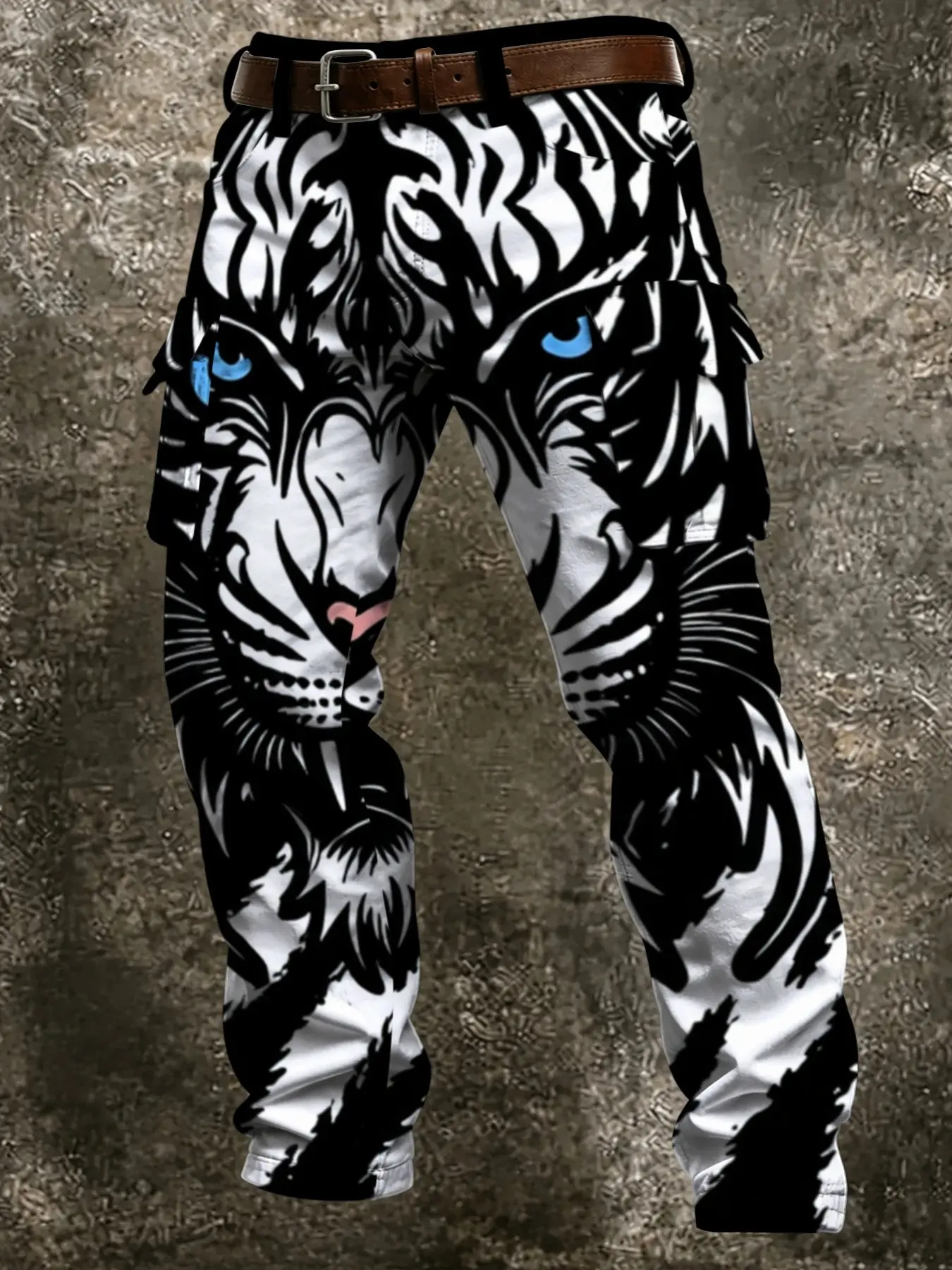 Tiger Pattern Streetwear Pants, Full Tiger Face Design, Side Pockets with Tiger Prints, Bold Style for Urban, Unique Fashion Statement