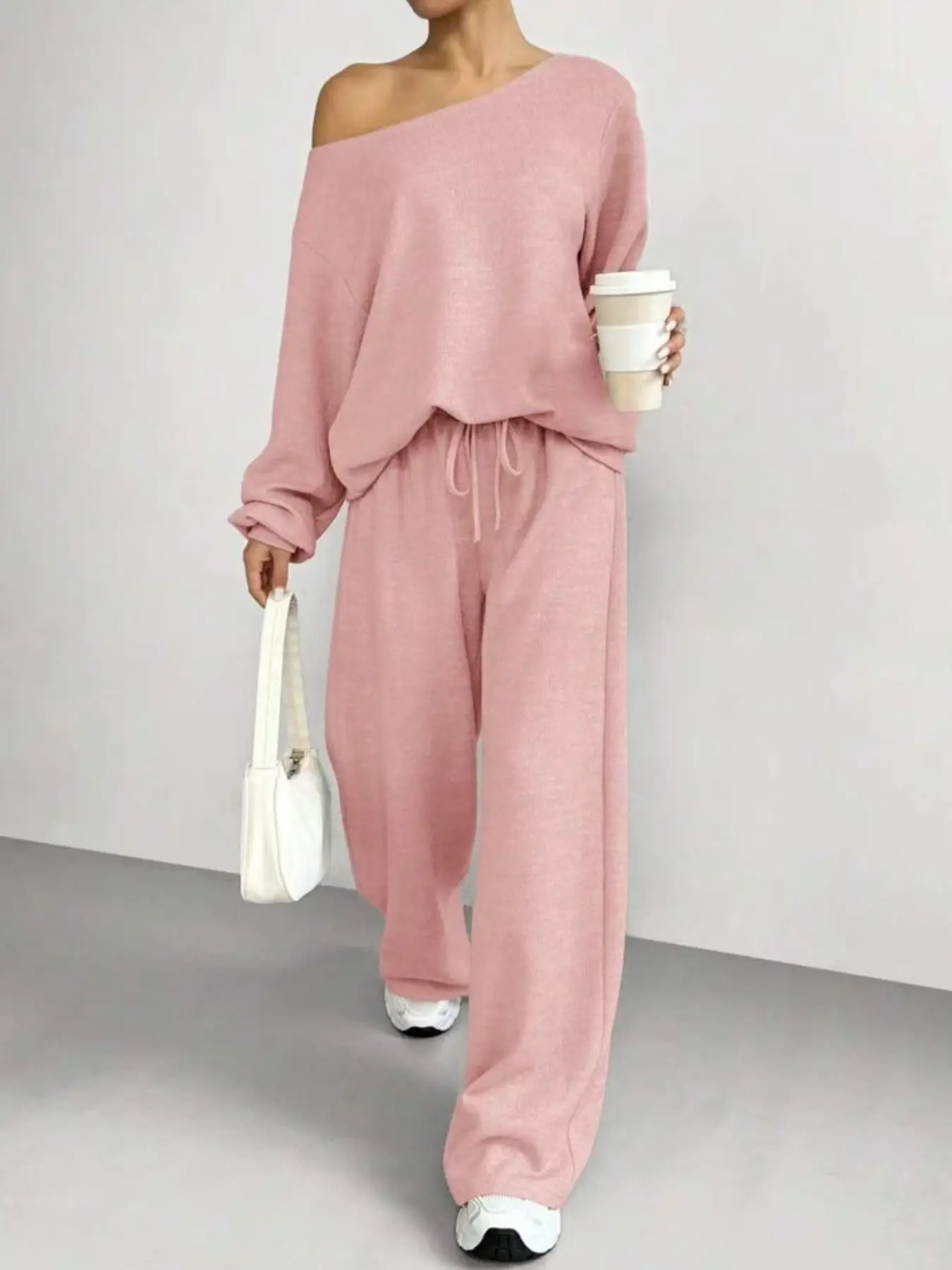 New Fashion Autumn Winter Off-Shoulder Top and Pants Set, Casual Loose Women's, Stylish Minimalist Long Sleeve Clothing, Perfect for Daily Wear, Oversized
