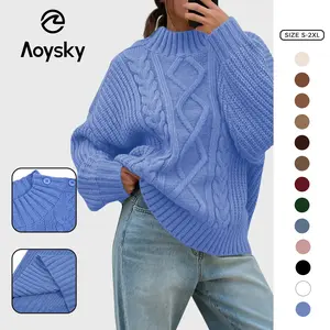 Aoysky Womens Oversized Cable Knit Sweaters 2026 Fall Winter Trendy Button Up Turtleneck Chunky Pullover Sweater Tops