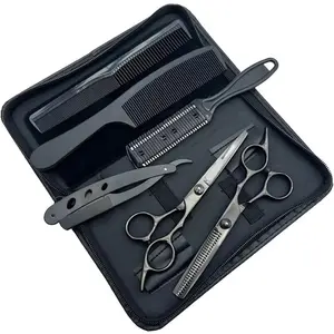 Hairdressing Scissors Set, 6 Inch Hair Thinning & Cutting Styling Shears – Barber Tools Kit with Carrying Case (Black, 6-Piece)
