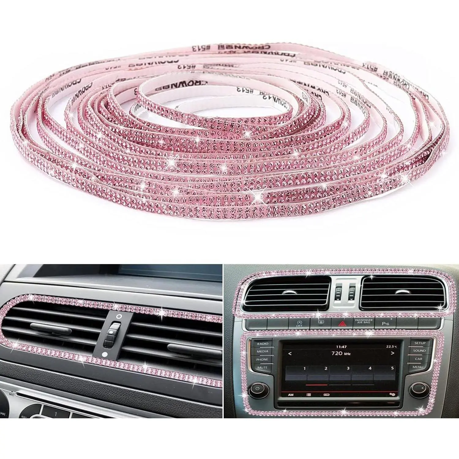 Bling Car Trim Self-Adhesive 16.4Ft, Rhinestone Car Accessories for Women, Car Bling Interior Exterior Decoration, Car Decorations Rhinestone Door Stickers (Pink)