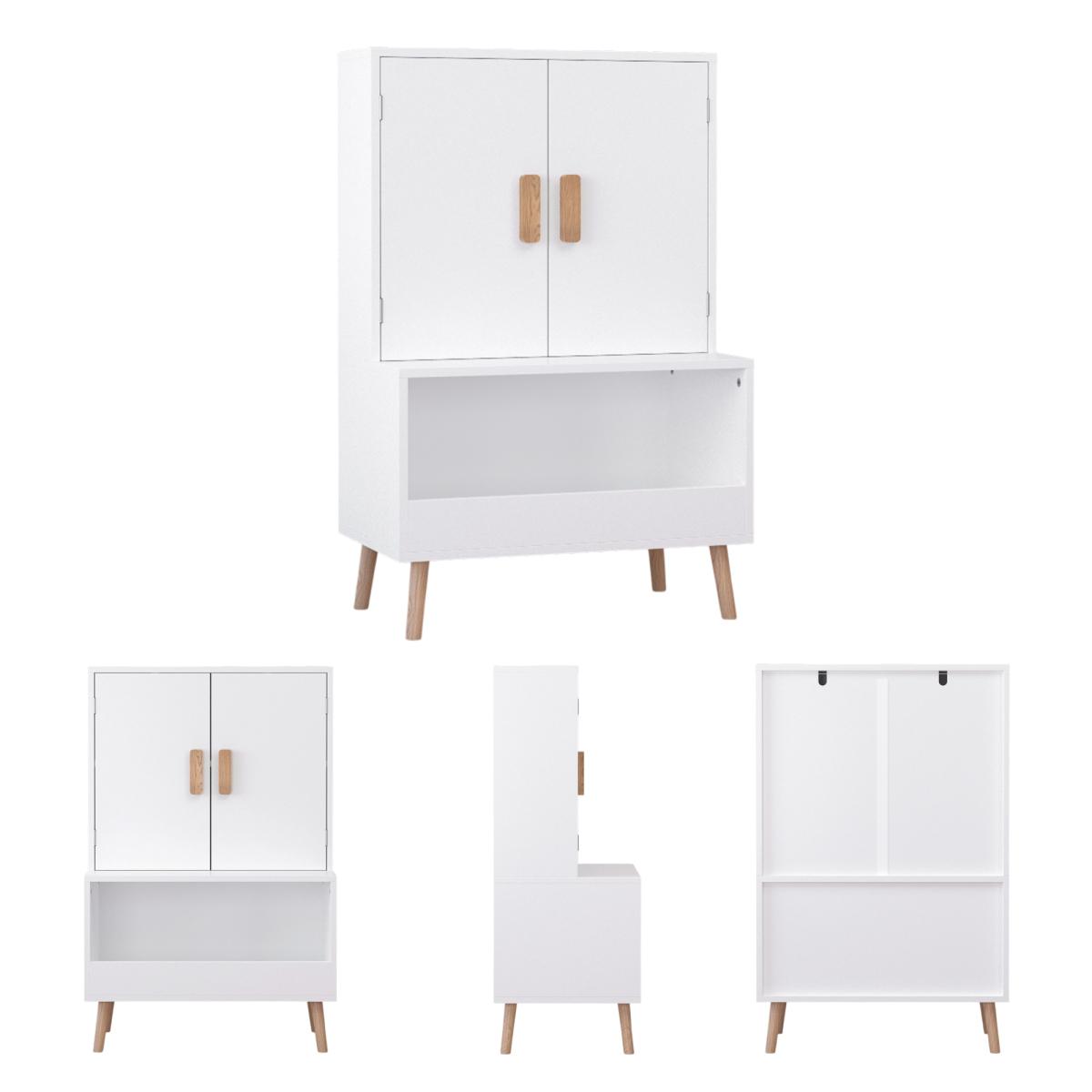 Kids Toy Storage Cabinet with Doors and Open Shelf, White Modern Wooden Organizer with Natural Wood Legs, Toddler Bookshelf for Playroom, Nursery, Bedroom