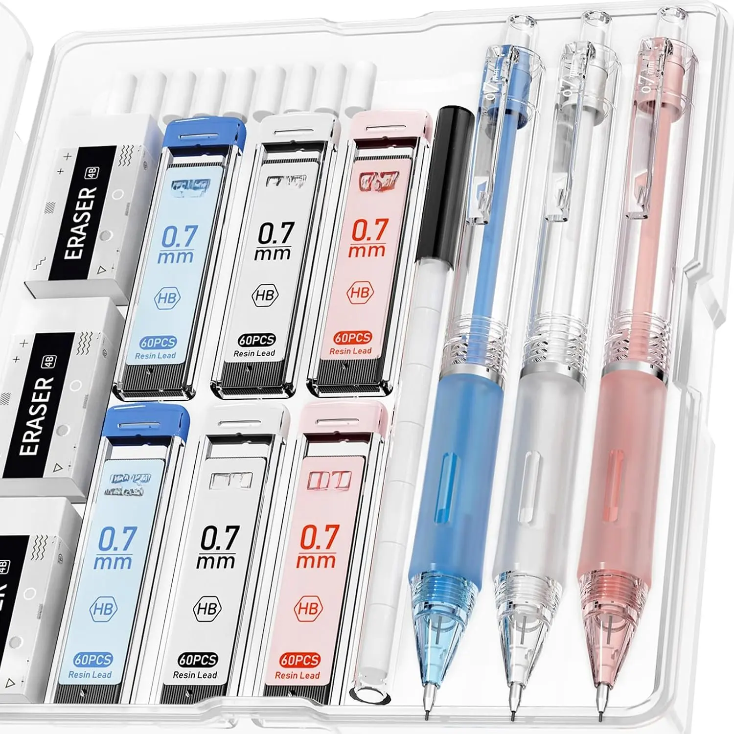 Cute Mechanical Pencil Set, 3-Pack 0.7mm | 360 Lead Refills, 3 Erasers, 9 Eraser Refills, Non-Slip Rubber Grips, Aesthetic Design, for Daily Writing and Drawing
