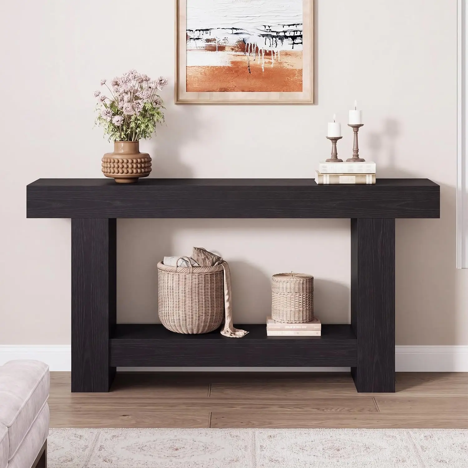 Rustic Farmhouse 2-Tier Rectangular Console Table - Long Sofa Table with Open Storage for Entryway, Living Room Indoor Furniture, Entryway Table