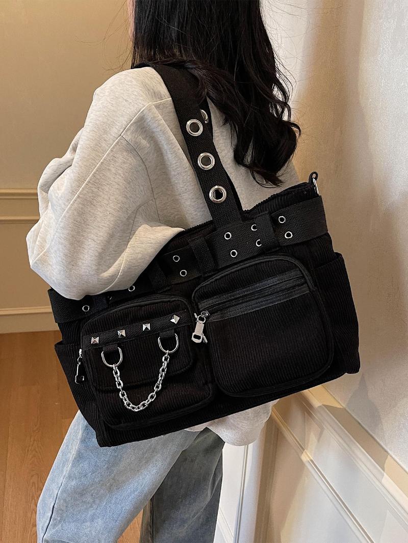 Punk Style Studded & Chain Decorated Crossbody Bag, Multi-pocket Shoulder Bag for Women, Casual Trendy Versatile High-quality Daily Commuting Bag