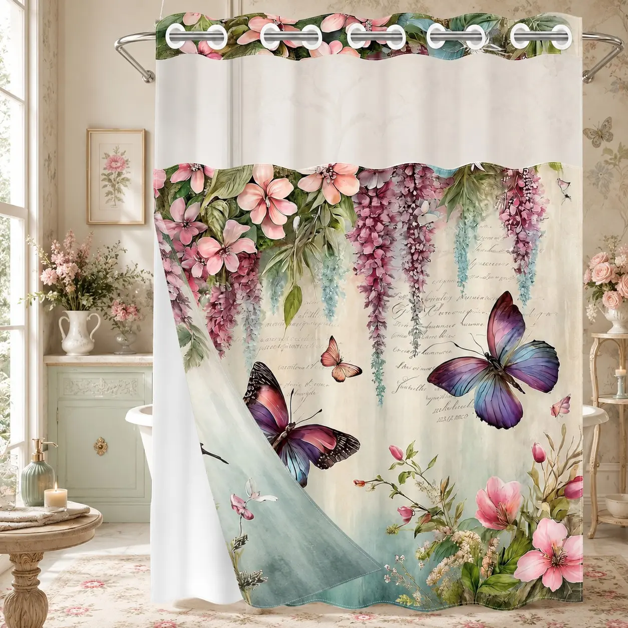 1PC 2D Vintage Purple Butterfly, Floral Script Pattern Double-Layer Woven Shower Curtain, No Hooks, Transparent Top Window, Removable Snap-On Liner, Cottagecore Bathroom Art Decor, Aesthetic Shower Curtain, Bathroom & Holiday Decoration