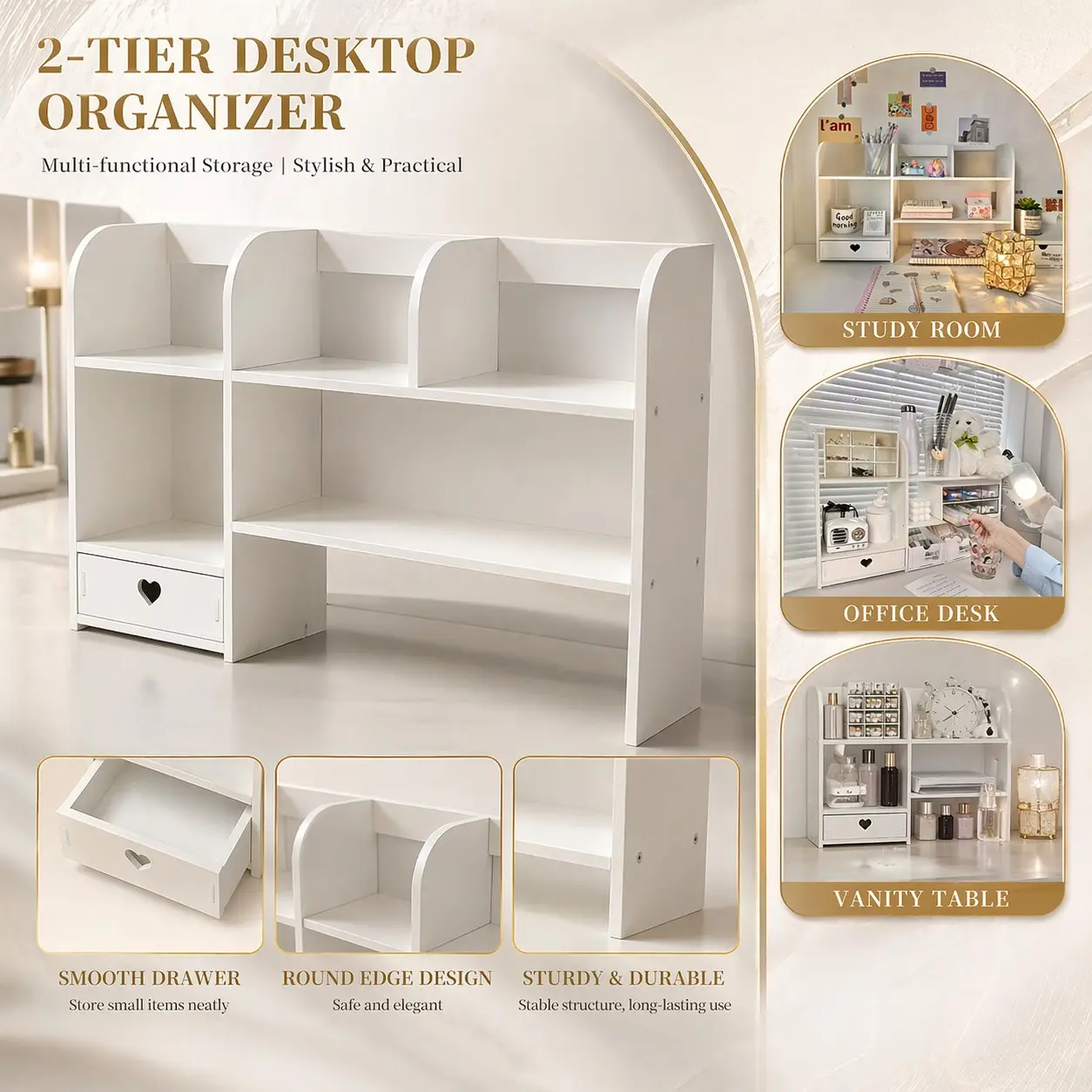 Wood Fiber Board Storage Rack, European Style Bookshelf with Drawers, Cosmetic Display Shelf, Durable and Space-Saving, Versatile Use