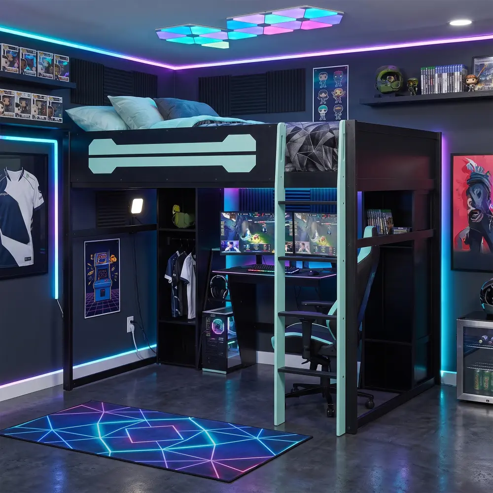 Full-Size Wooden Gaming Loft Bed with Desk and Storage, RGB LED Light, USB Charging Station, Built-in Wardrobe & Cabinets, Space-Saving Loft Bed Frame for Bedroom-Blue