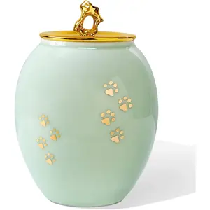 Medium Ceramic Pet Urn for Dog & Cat Ashes, Paw Print Design Memorial Pet Ash Urn for Medium Sized Pets