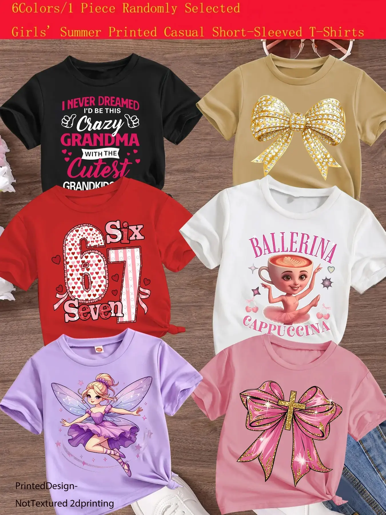 Girls Summer Trendy Butterfly Knot Print Short Sleeve T-Shirt, Comfortable Versatile Loose Fit, Random Style, Cartoon Print Tee, Casual Fashion Gift, Graphic Printed Tee