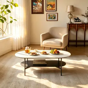 Oval Sintered Stone Coffee Table with Double Tier Storage Shelf, Modern 2-Tier Ceramic Top Coffee Table with Walnut Finish MDF Bottom Shelf & Metal Frame, 47.24" x 23.62" Large Rectangle Oval Center Table for Living Room, Apartment & Office Lounge Decor