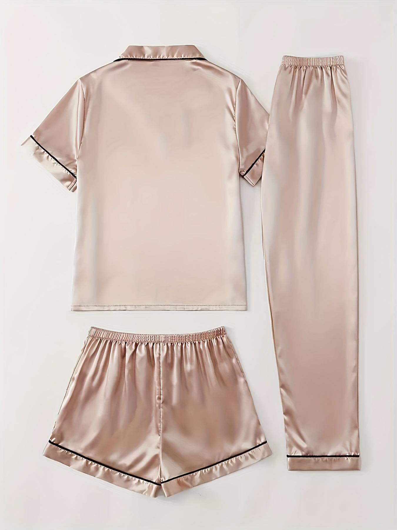 Women's Satin Pajama Set, 3-Piece Casual Solid Color Pajamas, Short Sleeve Lapel Shirt, Elastic Long Pants and Shorts, 95% Polyester and 5% Spandex, Woven Lapel, Button, 90g/m² - Sizes S-XL Loungewear Nightwear Womenswear Style Homewear Elegant Women's Satin Pajama Set, 3-Piece Casual Solid Color Pajamas, Short Sleeve Lapel Shirt, Elastic Long Pants and Shorts, 95% Polyester and 5% Spandex, Woven Lapel, Button, 90g/m² - Sizes S-XL Loungewear Nightwear Womenswear Style Homewear Elegant