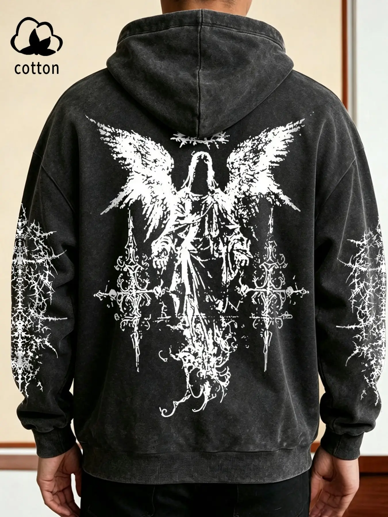 Men's Dark Aesthetic Hooded Jacket, Unisex Angel Wings Print, Vintage Texture, Halloween Essential, Perfect Gift for Festive Occasions