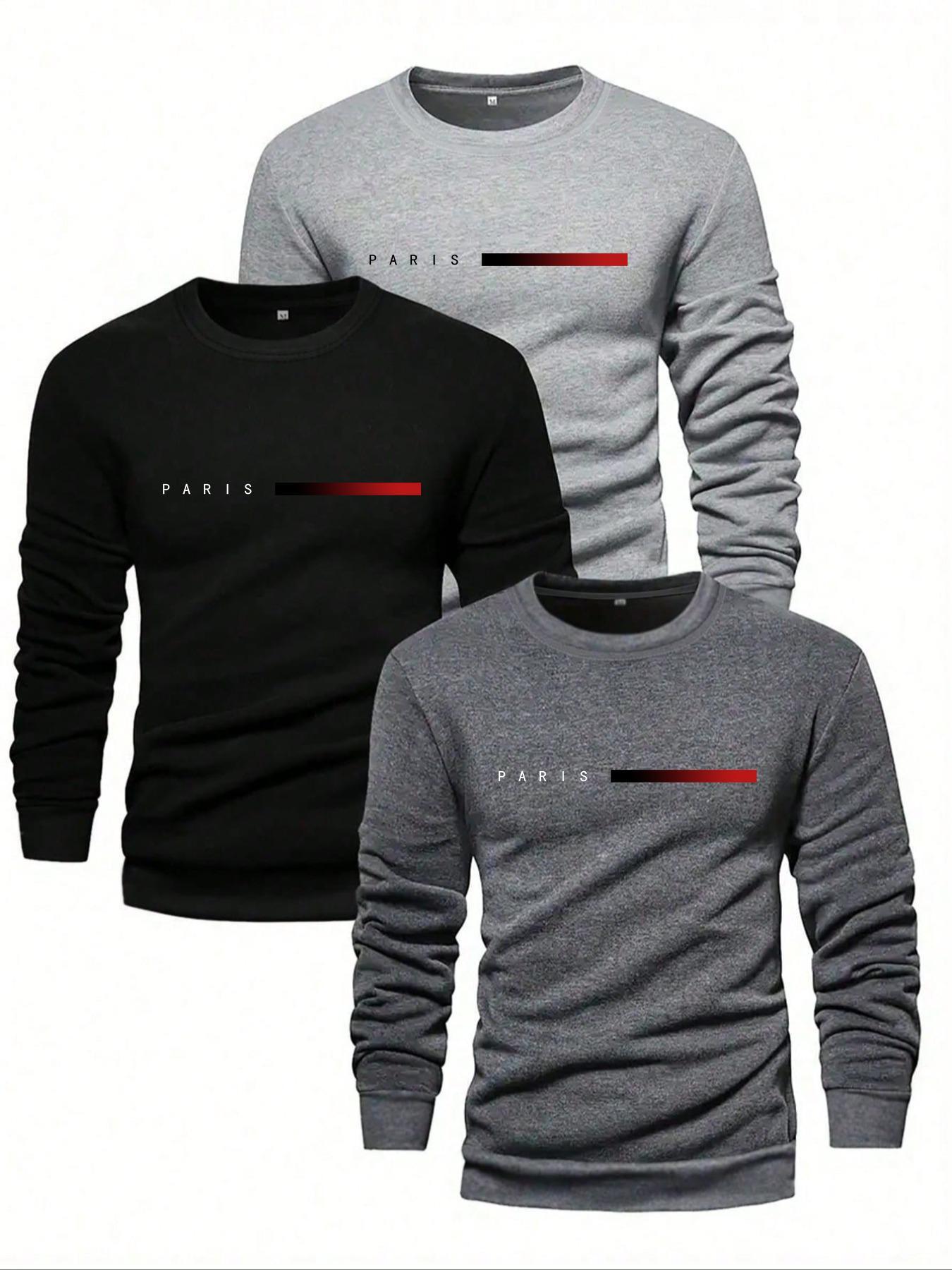 Men's Solid Plain Long Sleeve Crew Neck T-shirt, Casual Regular Fit Basic Round Neck Tee for Fall & Winter, Men's Clothes for Daily Wear