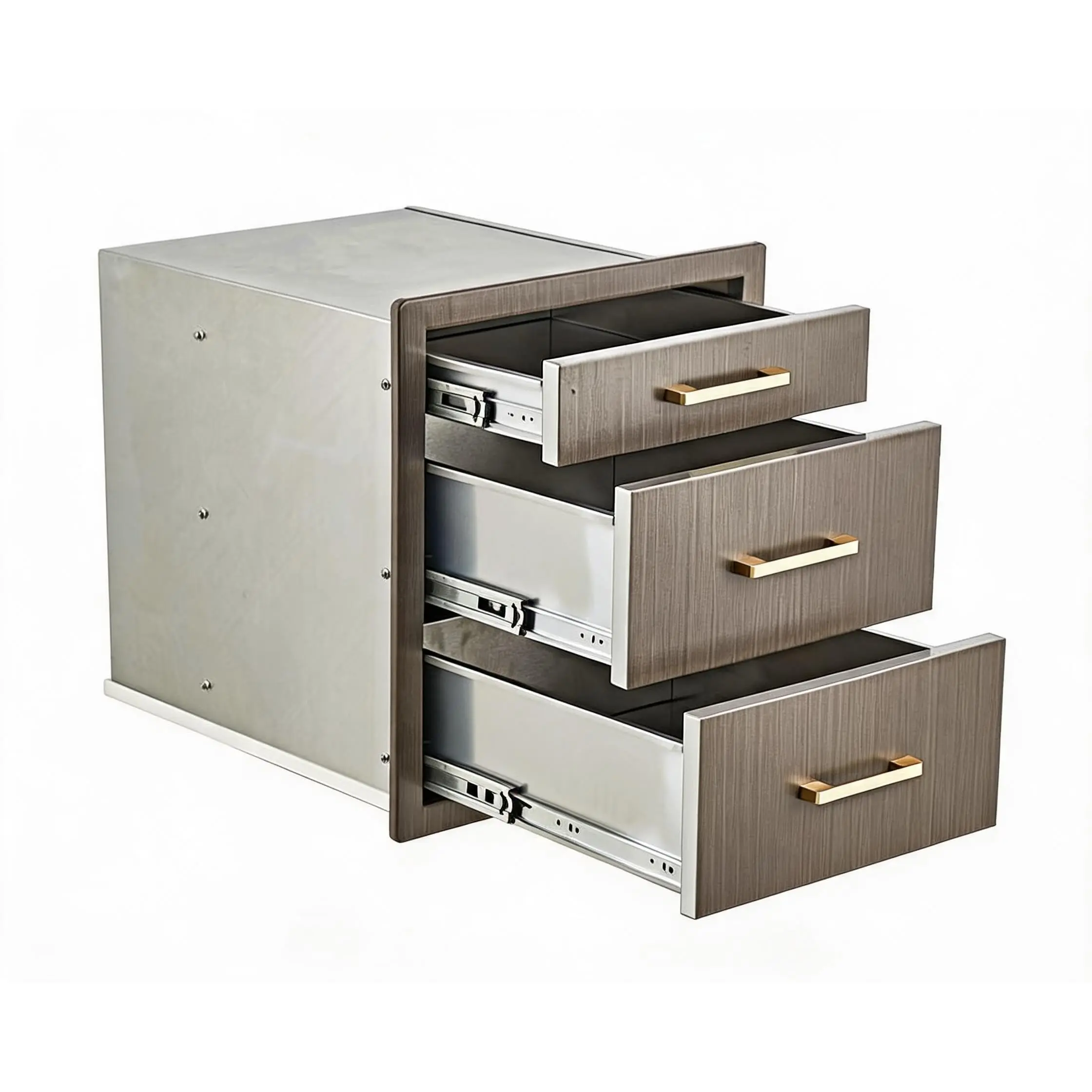 GARVEE 304 Stainless Steel Triple Drawer Set for Outdoor Kitchen - Brown/Gray Wood-Like Finish, Organized Storage Solution for Island, Barbecue (Camp Kitchen Essentials)