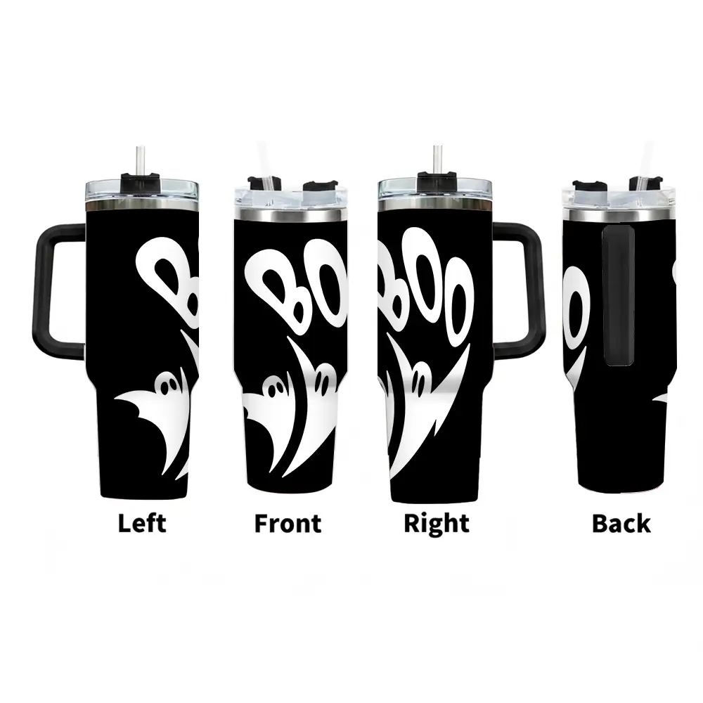 40 Oz BPA Free With Handle & Straw Black Boo Ghost Travel Mug For Cars Water Bottles Outdoor Sports Drinkware Flasks Spooky Gift Halloween & Fall Gift