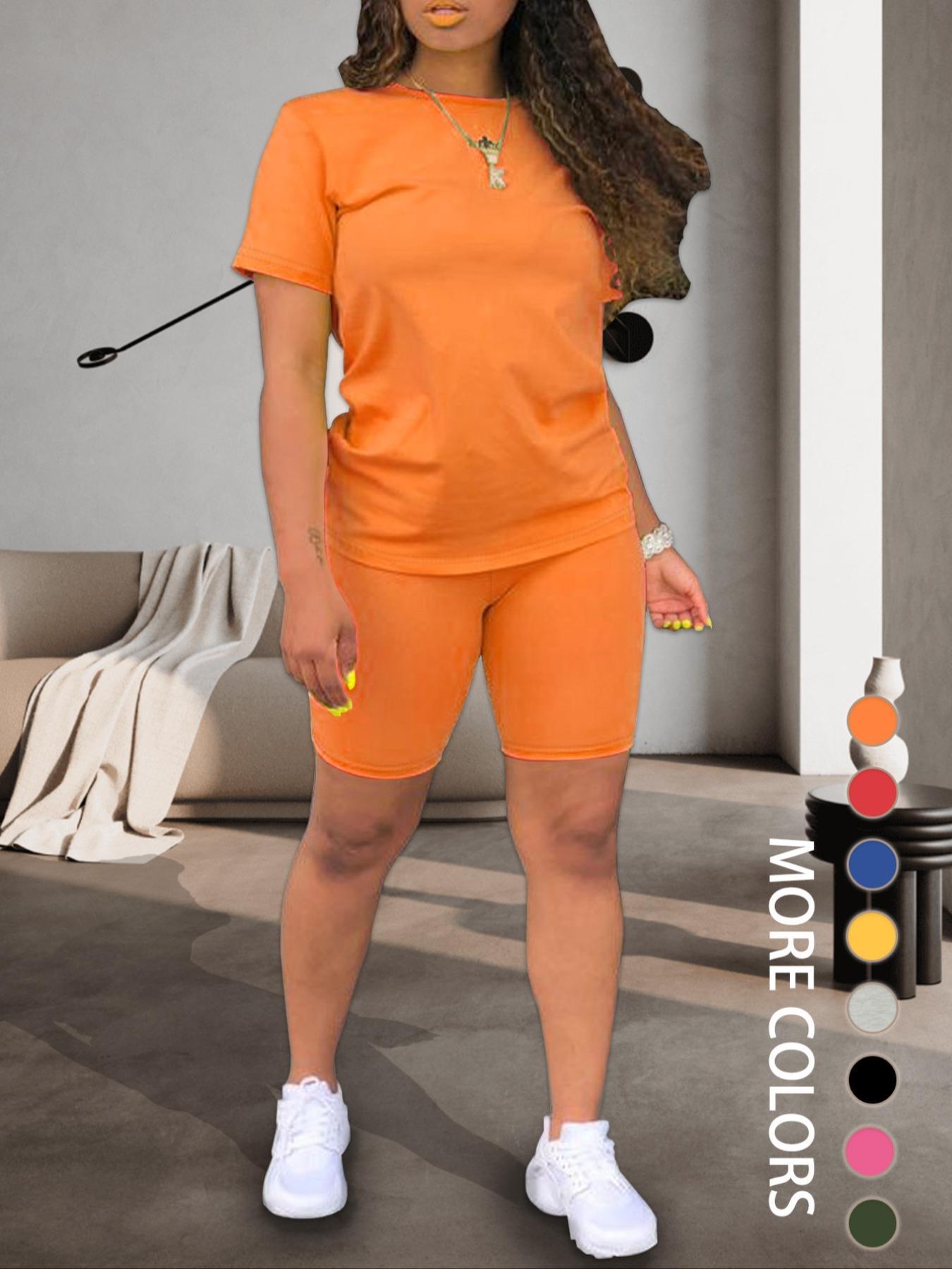 Two-piece Set Women's Fitted Plain Round Neck Tee & Skinny Shorts Set, Summer Clothes Women, Short Sleeve Crew Neck T-shirt & Shorts, Casual Summer Clothes for Outdoor, Cute Summer Outfit Two-piece Set Women's Fitted Plain Round Neck Tee & Skinny Shorts Set, Summer Clothes Women, Short Sleeve Crew Neck T-shirt & Shorts, Casual Summer Clothes for Outdoor, Cute Summer Outfit