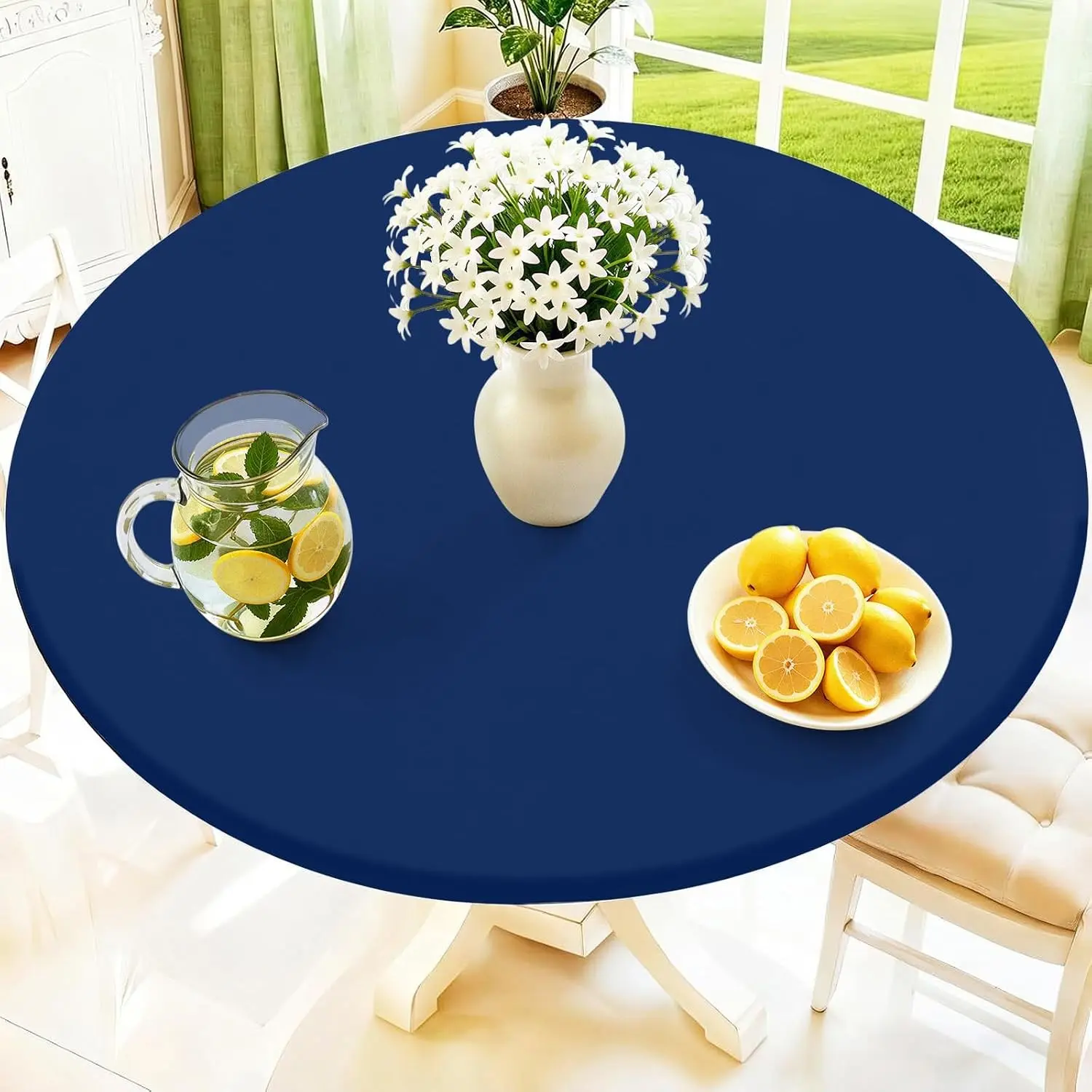 Round Spandex Tablecloth, Elastic Fitted Waterproof Tablecloths for 45"-56" Tables, Stretch Washable Picnic Table Cover for Camping, Dining, Indoor and Outdoor, Navy