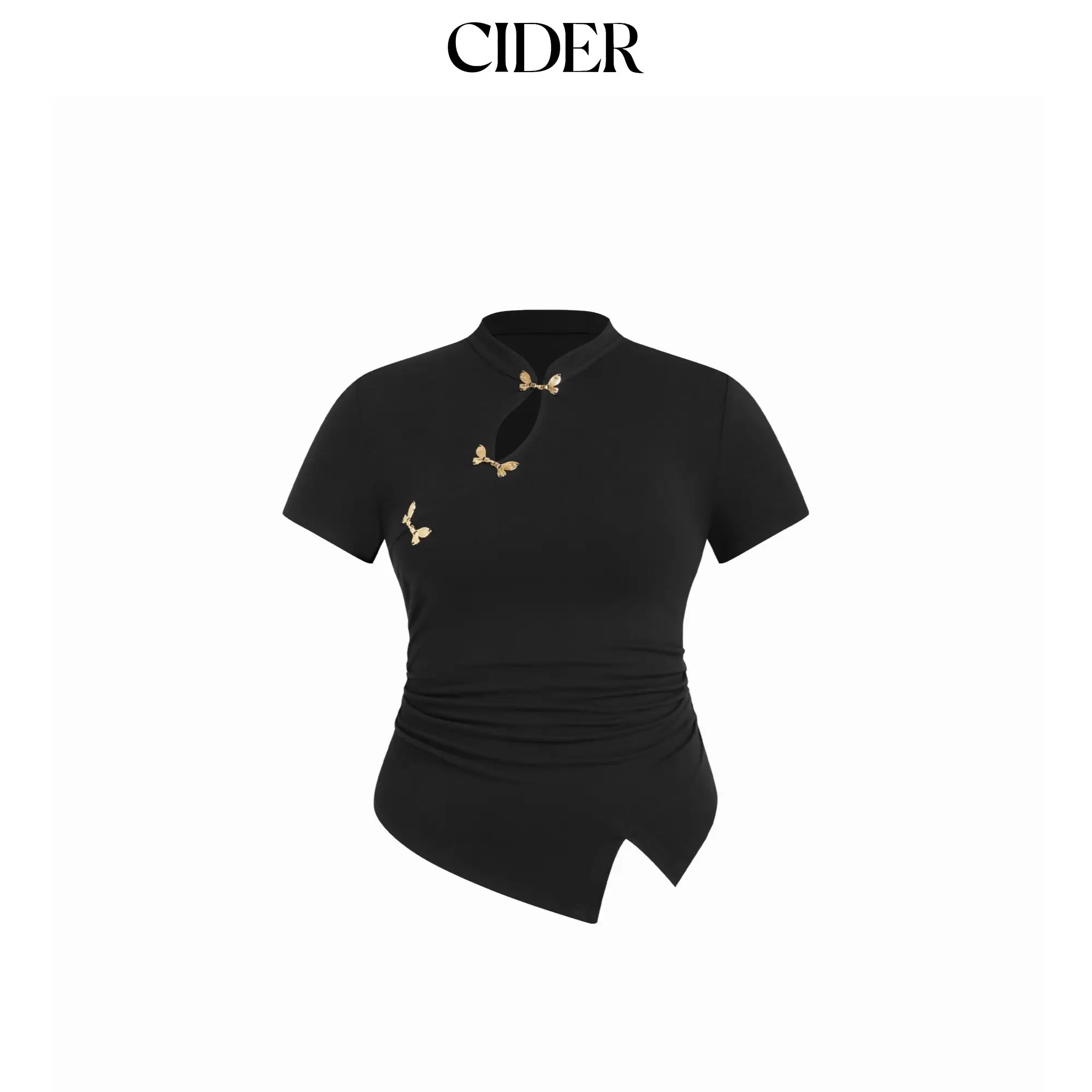 Cider Mandarin Collar Metal Detail Asymmetrical Hem Ruched Split Top Curve & Plus SummerFinds