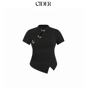 Cider Mandarin Collar Metal Detail Asymmetrical Hem Ruched Split Top Curve & Plus Dealsforyou