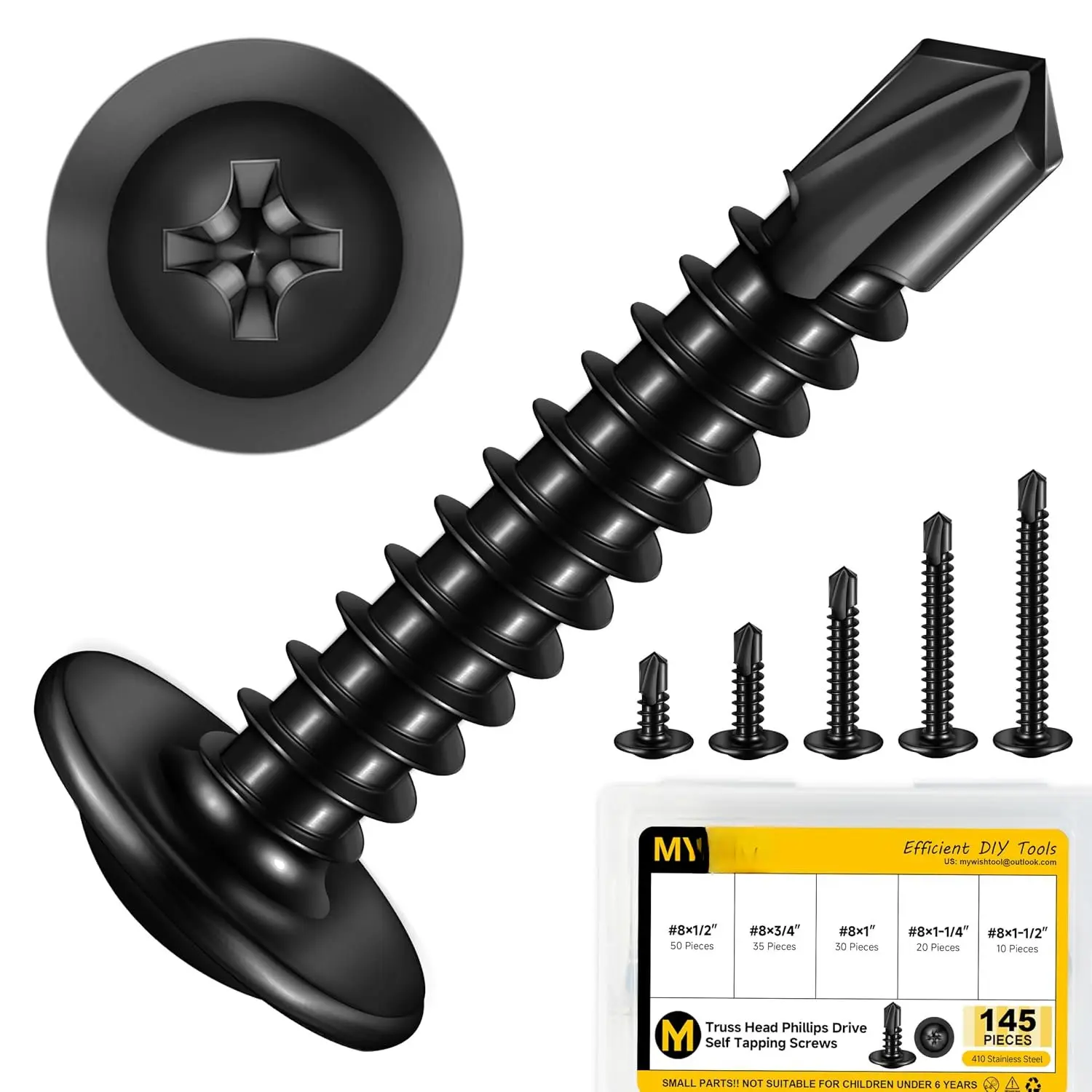145 count #8 Self Tapping Screws  Kit for Metal, Length 1/2"-1-1/2", 410 Stainless Steel Truss  Self-Drilling Screws Black Oxided Quick Tapping Screw