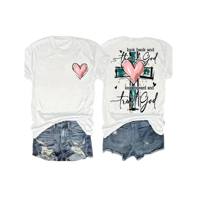 Women’s Christian Faith Graphic T-Shirt, Trust God Heart Cross Print Tee, Inspirational Religious Shirt, Vintage Casual Short Sleeve Top, Faith Based Streetwear Unisex T-Shirt