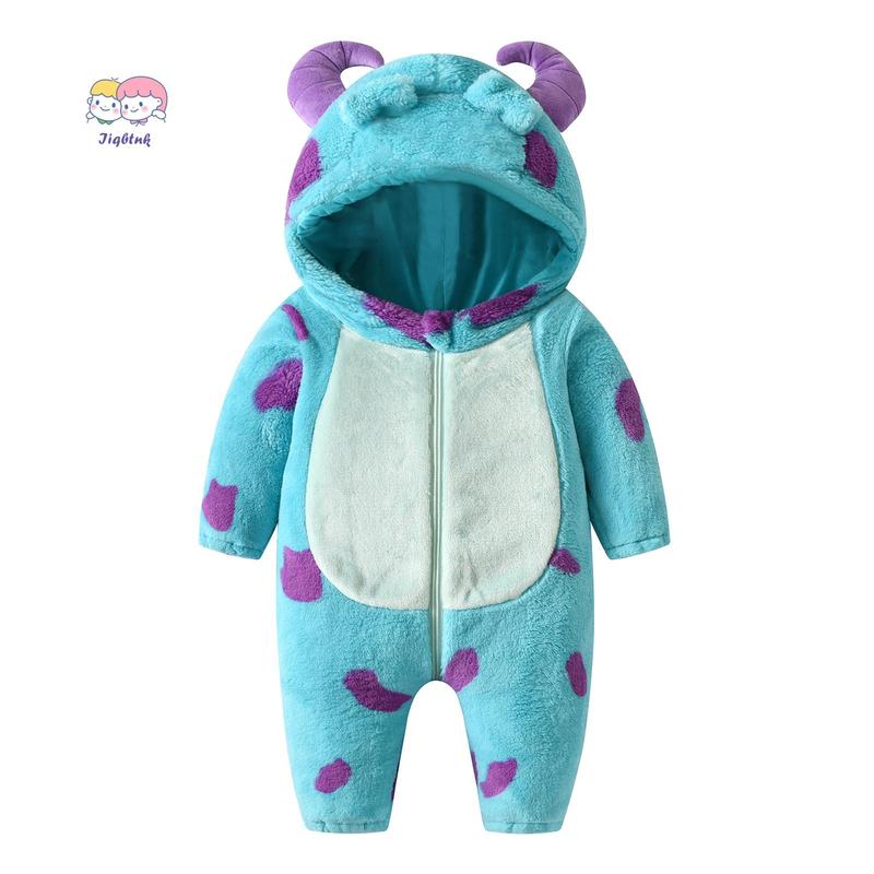 Infant Fleece Jumpsuit Cartoon Animal Horn Hooded Warm Thicken Winter Rompers Outwear Snowsuit for Baby Girls and Boys