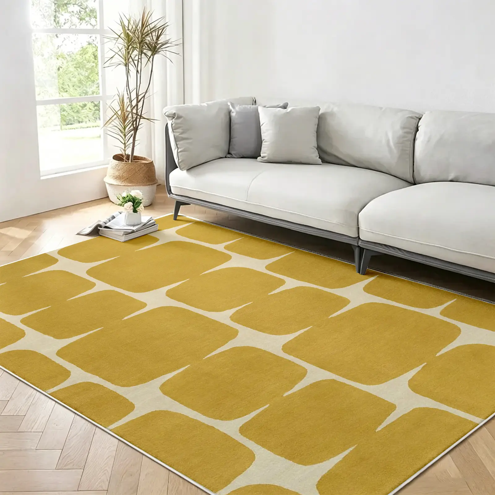 Trendy Mustard Yellow Geometric 9x12ft Area Rug, Ultra-Soft Low-Pile Lightweight Durable Print Carpet for Stylish Living Room, Bedroom, Office, and Dining Room, Non-Slip Stain-Resistant Machine-Washable Versatile Chic Decor Collection, Home Interiors