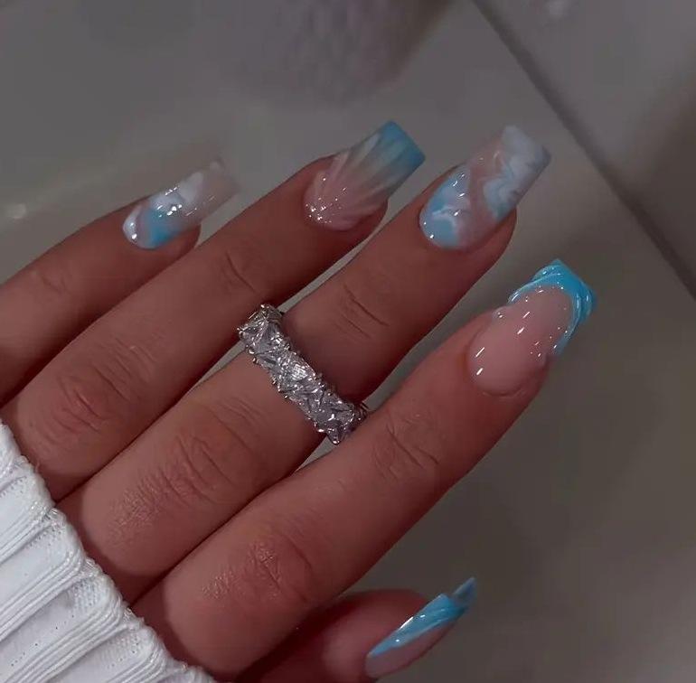 New Cross-Border Hot-Selling Fresh Style Nail Tips 3D Blue French Fish Tail Long Almond Wearable Nails Wholesale