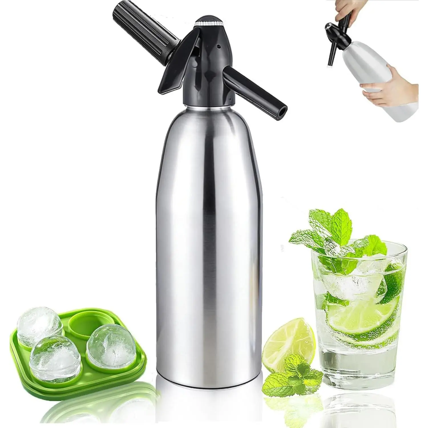 Soda Siphon,1L Carbonated Soda Maker Sparkling Water Machine, Portable Soda Maker for Home & Outdoor, Aluminium Soda Water Machine for Cocktails DIY Drinks,Use 8 gram CO2 Cartridges (Not Included)